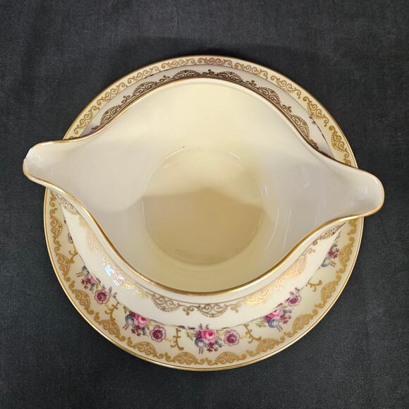Vintage H&C Selb Bavaria Gravy Boat Dish Bowl Attached Plate Floral Gold Trim - Picture 2 of 9